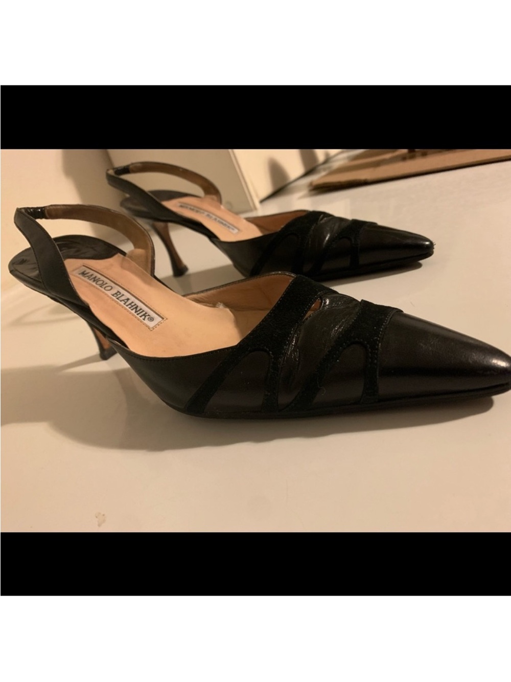 Manolo Blahnik black leather velvet detail pointed toe sling back kitten pumps